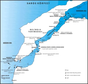 The Dardanelles with the pilot stations and the VTS calling in points which regulate traffic in the passage. Diagram, courtesy of Turkish Pilots.