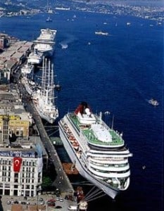 The passenger dock in Istanbul. An old photo showing Cunard's Seabourn Sun, now the Prinsendam, docked alongside. For this call we were at the end at the top of the photo.