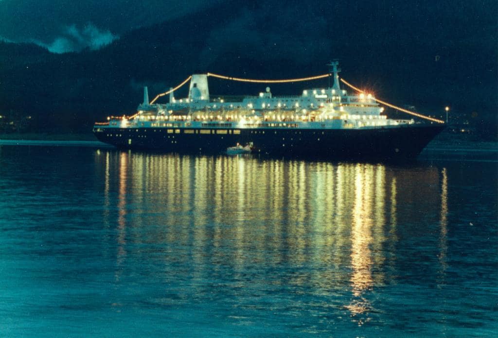 Sweet Memories The ms Noordam (IV) at anchor in Juneau harbour in 1994. (Photo courtesy Anton Janssen. On board Ships Photographer)