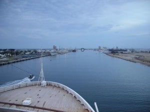 The leading lights which the pilot uses to keep the ship in the middle of the channel is inside the little black circle that I have drawn in the photo