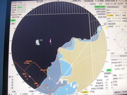 The Radar/chart screen, showing the way we came in. Going out, we sailed between the yellow part of the main island and the small rock of Dom Luis.
