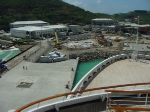 From the bridge of the Maasdam in 2002. Crown Bay cruise centre under construction.