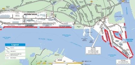 The layout of the docks now. Where the red lines go, Cruise ships can be found docking. (Map courtesy of ABP Ports of Southampton)
