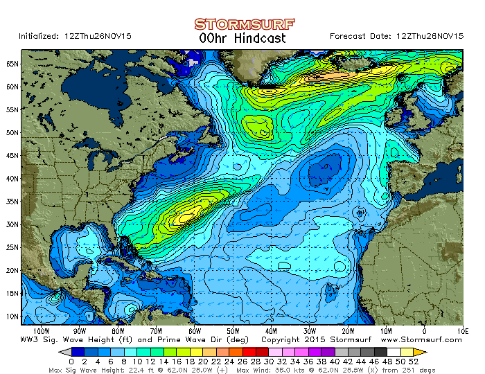 Green and yellow indicate wave heights between 12 and 16 feet. (Photo courtesy of Stormsurf.com