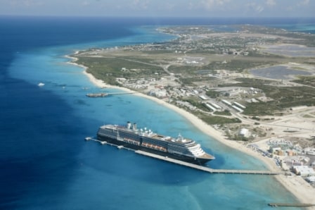 The Noordam was the first ship docking at the new pier in 2006. Note how small the dredged area is around the dock and how near the deep water is near the stern.