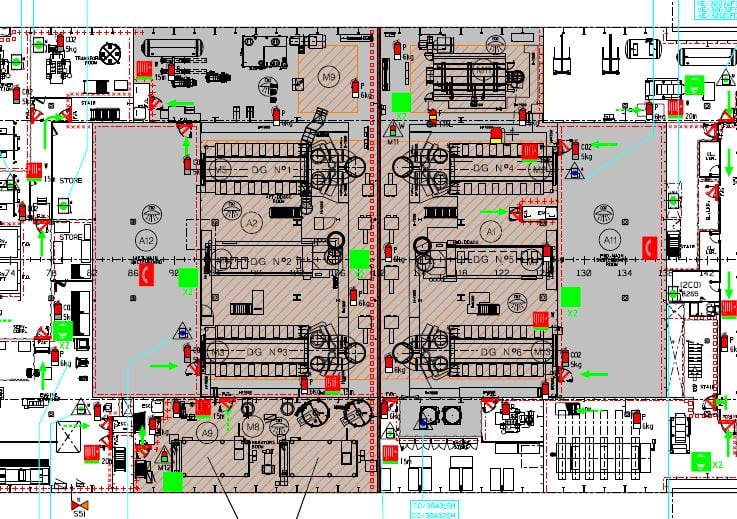 The B deck level with the top layout of the six main engines. Top right is one of the boilers for steam production,