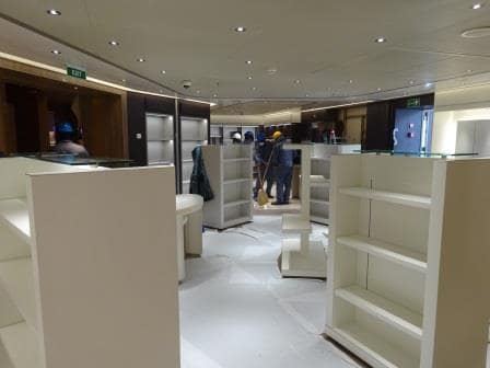 Housekeeping has taken over the cleaning of the shops. The cleaning ladies from the shipyard have now started on corridors, and the Shop Staff are busy with getting boxes on board.