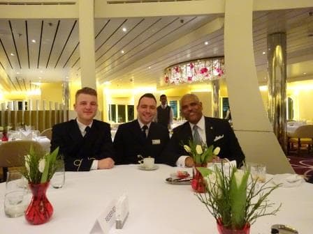 The Koningsdam Cadet to the left, his mentor the First Officer in the middle and the President of Carnival Corp to the right. 