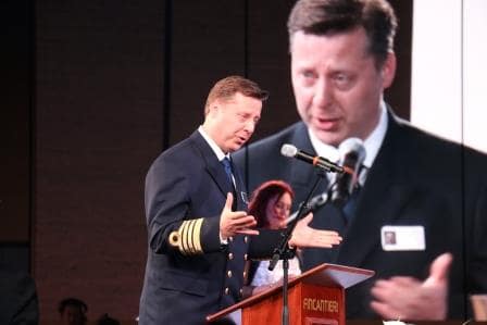 Addressing the shipyard during Fincantieri gathering of guests on 02 april 2016. (Photo Courtesy Ships Photographer ms Koningsdam)