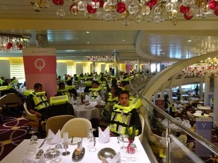 $00 crew in the diningroom. The guests will do the Safety Briefing without Lifejackets, to avoid accidents by tripping over straps and falling down staircases.