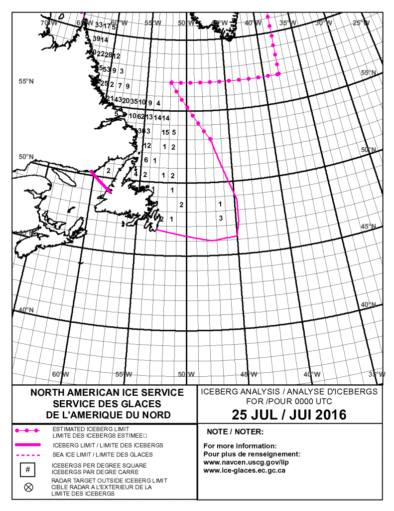 Ice chart of the area for today. Two icebergs have been counted in the bay. (Chart courtesy, Canadian Coastguard)