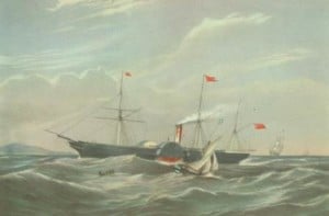 This is the Cunarder Asia from 1851. A paddle steamer for the North Atlantic service. Now it would fit in the show lounge of one of the larger cruise ships.