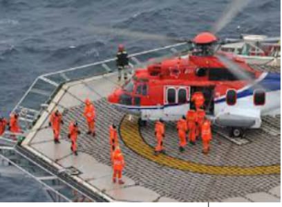 Crew change on an oil rig. Note the survivals suits they all have to wear (Photo courtesy: www.oilriginfo.com)