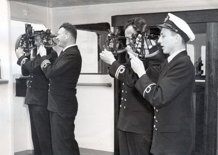 One from the old days. Officers shooting the noon time sun on board the HAL cargo ship ss Arkeldyk. The officer with the 3 stripes is the later captain H.L. Van Deventer. (Courtesy R. van Devener , son)