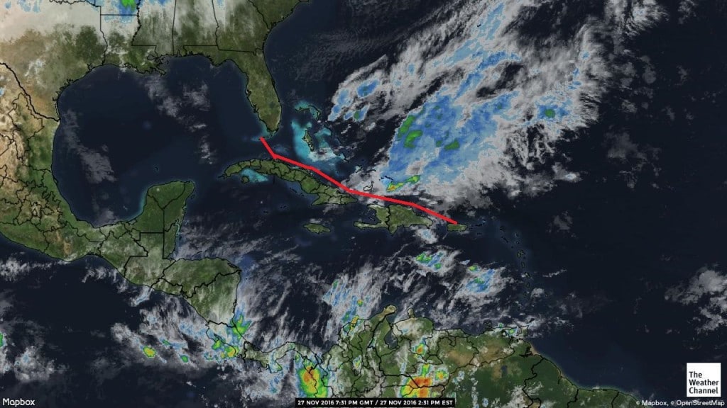 Our route and weather to San Juan. We are just sailing through the lower part of a weather front and it remains to be seen how much water is in there.