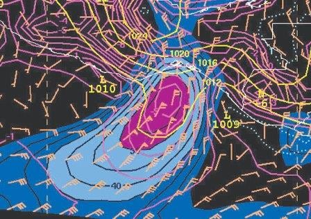 An example  weather chart, clearly showing the outflow of the wind. (Courtesy NOAA.org)
